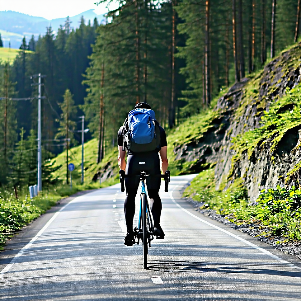 Radfahrer auf einer Landstraße durch hügeliges Terrain