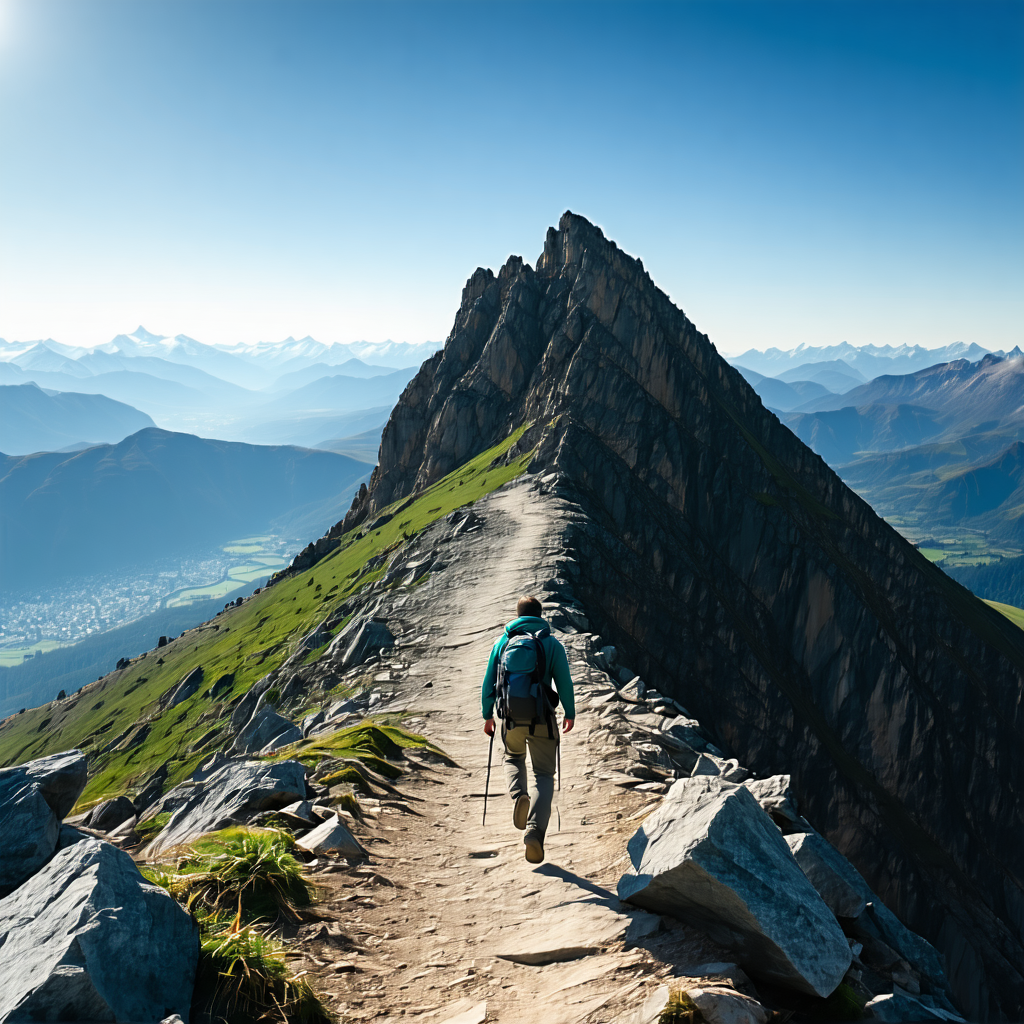 Wanderer auf einem Bergkamm mit Panoramablick