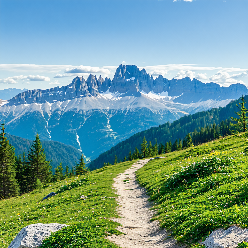 Panorama-Blick über eine Berglandschaft mit Wanderweg
