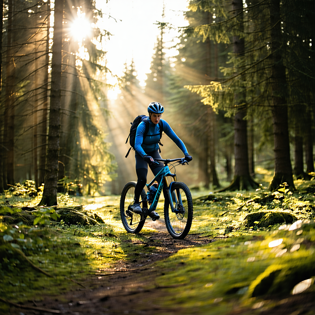 Radfahrerin auf einem Waldweg im Morgenlicht